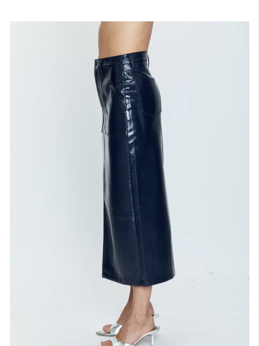 Vegan Leather Midi Skirt with Front Slit - Navy - Picture 3 of 9